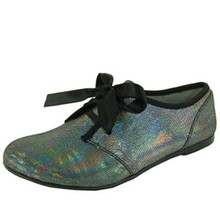 Qupid Shuffle-16X Hologram Lace Up Oxford Flat