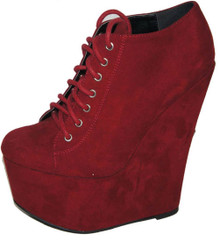 Qupid Vanish-02 Round Toe Lace Up Wedge Bootie