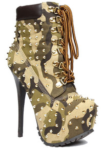 Alba Footwear Jennifer-3 Camouflage Studded Spiked Lace Up Platform Bootie