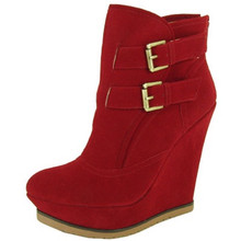 Qupid Parlane-05 Velvet Buckle Platform Wedge Bootie