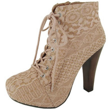 Qupid Puffin-39 Lace Chunky Heel Ankle Boot