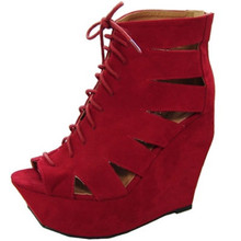 Qupid Taken-17 Cut-Out Lace Up Wedge Bootie