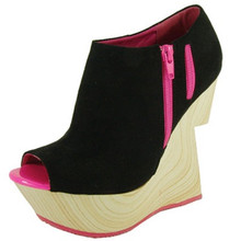 Qupid Birch-09 Suede Peep Toe Notched Wedge Bootie