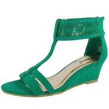 Qupid Amor-128X Perforated T-Strap Open Toe Wedge