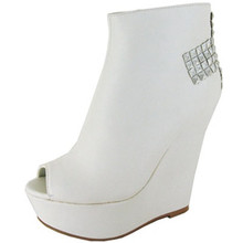 Qupid Finder-156 Studded Cross Peep Toe Wedge Bootie