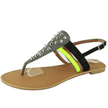 Qupid Athena-599 Studded Glitter Neon T-Strap Flat Sandal