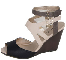 Qupid Gipsy-20 Tri-Tone Strappy Peep Toe Wedge