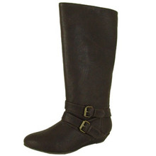 Qupid Nesha-88 Buckle Knee High Wedge Boot