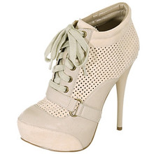 Qupid Neutral-418 Perforated Lace Up Round Toe Bootie