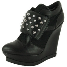 Qupid Parlane-14 Leatherette Studded Spike Velcro Wedge Sneaker