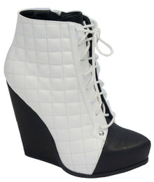 Qupid Obstacle-03 Two Tone Quilted Lace Up Wedge Bootie