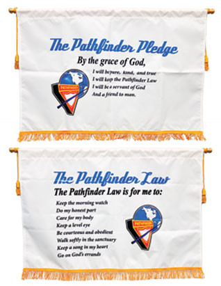 Displays 4-color Pathfinder logo. Includes gold fringe, cords with tassel and end caps. Club must supply 3/8" dowel for crossbar. Each banner is 34.5" x 23.5".

100% nylon

$61.95 each.