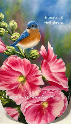 Bluebird with Hollyhocks by Holly Hanley