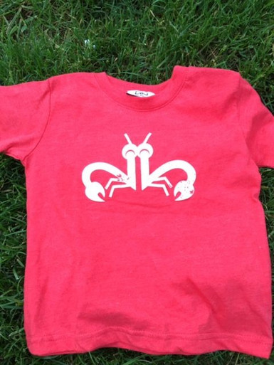 Twin toddler t-shirt set. My Twins Are Cuter "Clever Crab" with a distressed white ink on a vintage red tee. Fun twin set.