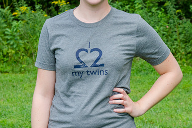 Twin mom t-shirt "I Love My Twins" tee in gray with a distressed dark navy ink print.