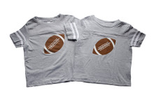 Our My Twins Are Cuter infant "Fun Football" twinset is super soft. We placed a football on the front of the twin set with our signature #2 as the laces. The My Twins Are Cuter logo is on the back at the neck line.