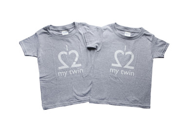 Our twin toddler "I Love My Twin" tee is a grey t-shirt made of soft durable 100% cotton.  This t-shirt is available in grey with white ink.