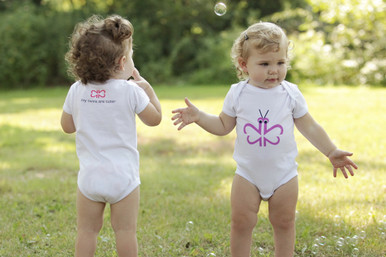 Our twin "Busy Butterfly" infant set features a purple butterfly on the front designed with our signature number 2! 