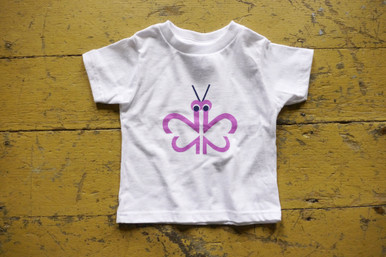 Our twin "Busy Butterfly" toddler tee features a purple butterfly designed with the number 2! 