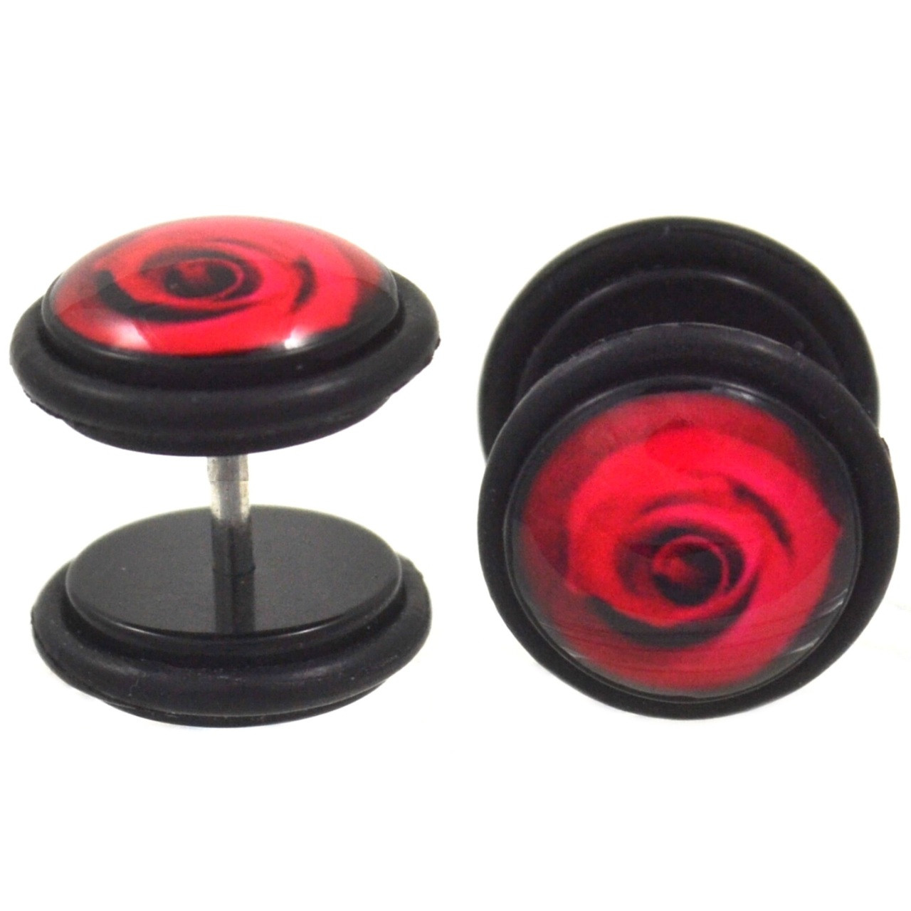 Red Rose Filled Dome Fake Plug Earrings (00g Look)
