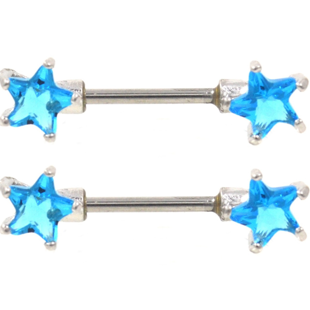 PAIR Aqua Double Gem Star Steel Nipple Bars 14g 1/2" BodyDazz