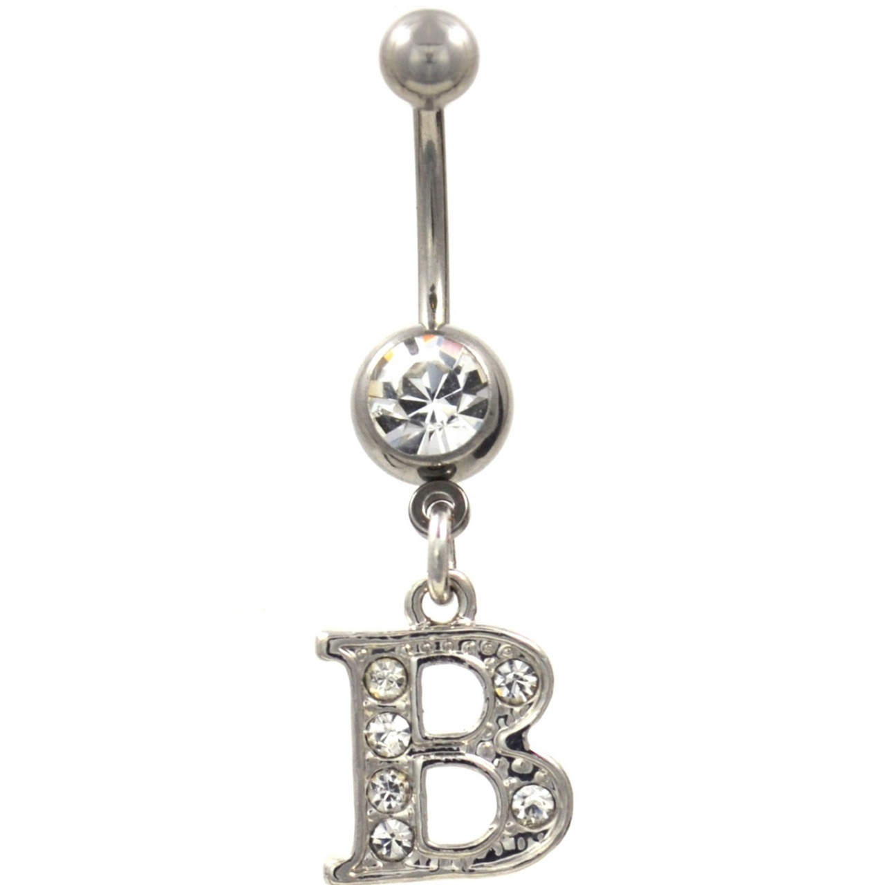 Initial Letter "B" Clear Gems Belly Button Ring