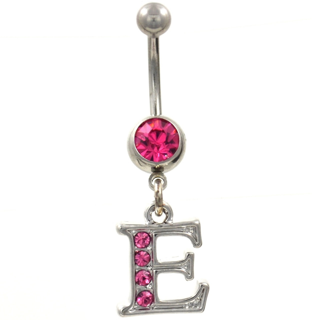 Initial Letter "E" Pink Gems Belly Button Ring | BodyDazz.com