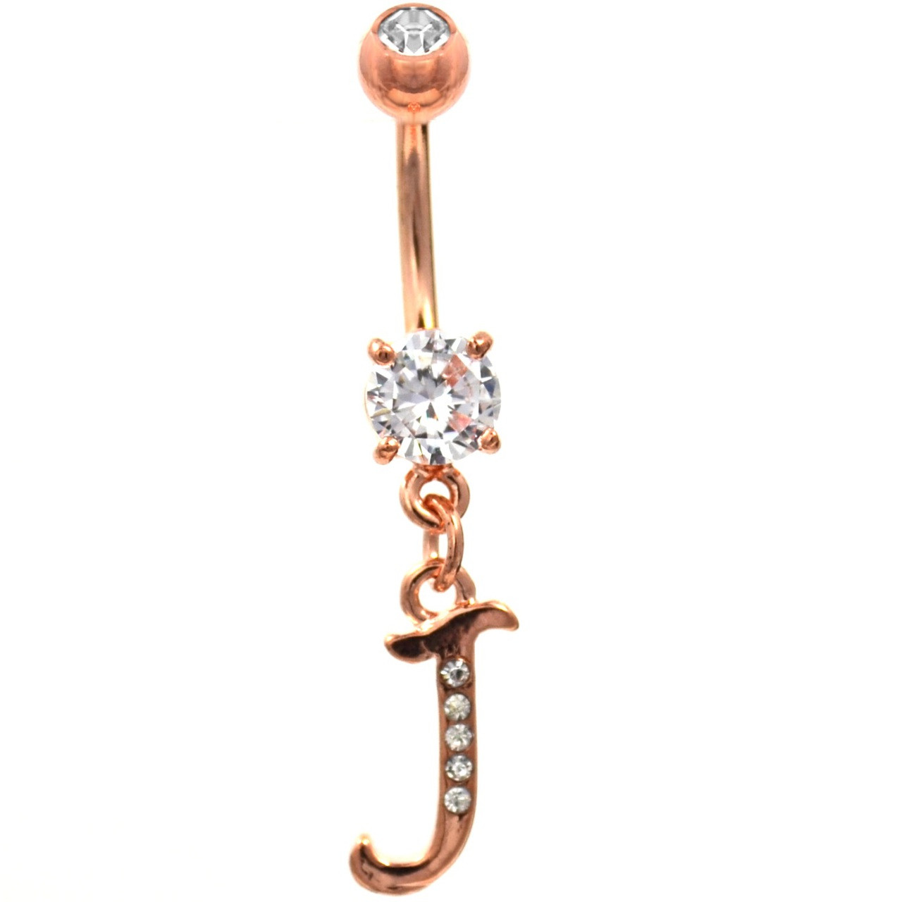 Initial Letter "J" Gemmed Rose Gold Belly Button Ring