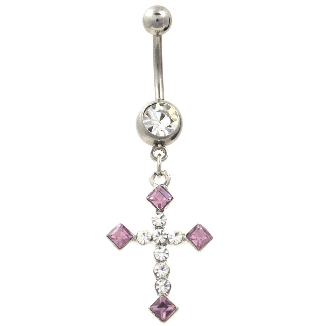 Purple and Clear Geometric Cross Belly Ring | BodyDazz.com