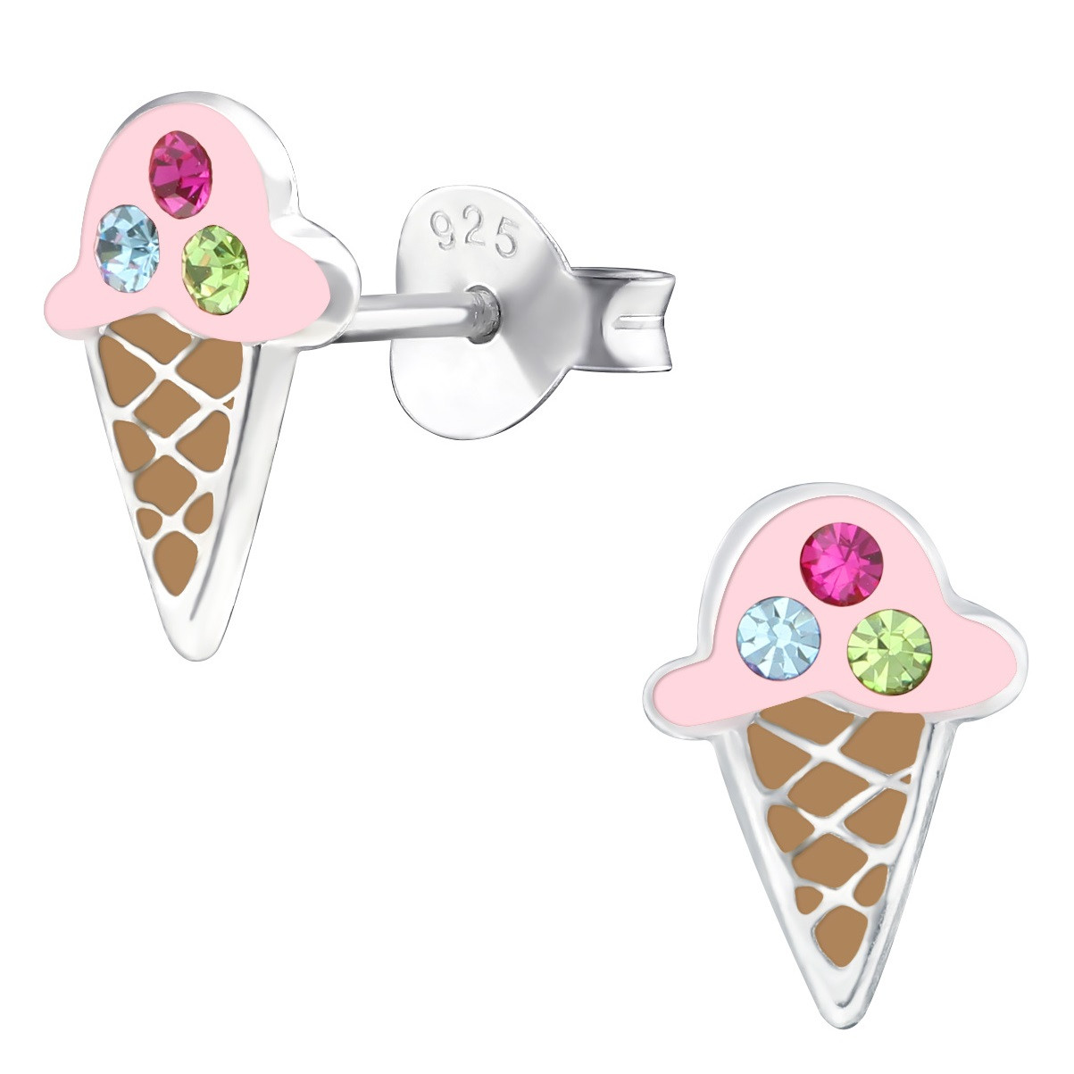 Bling Ice Cream Cone 925 Sterling Silver Stud Earrings