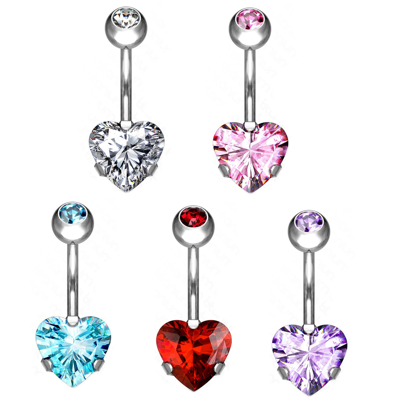 Clear 5&10 mm Surgical Steel Navel Ring Double Gemmed Solitaire Heart w/ CZ Prong Set