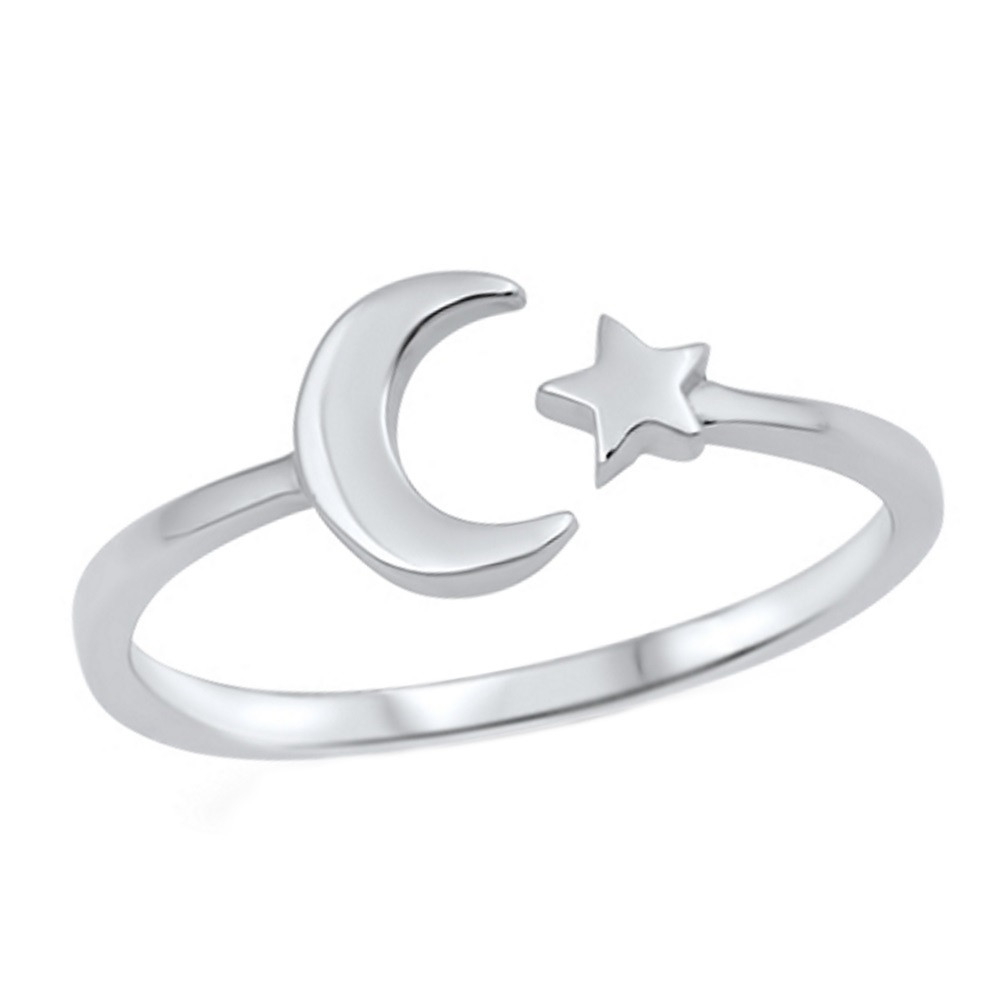 Crescent Moon & Star 925 Sterling Silver Ring