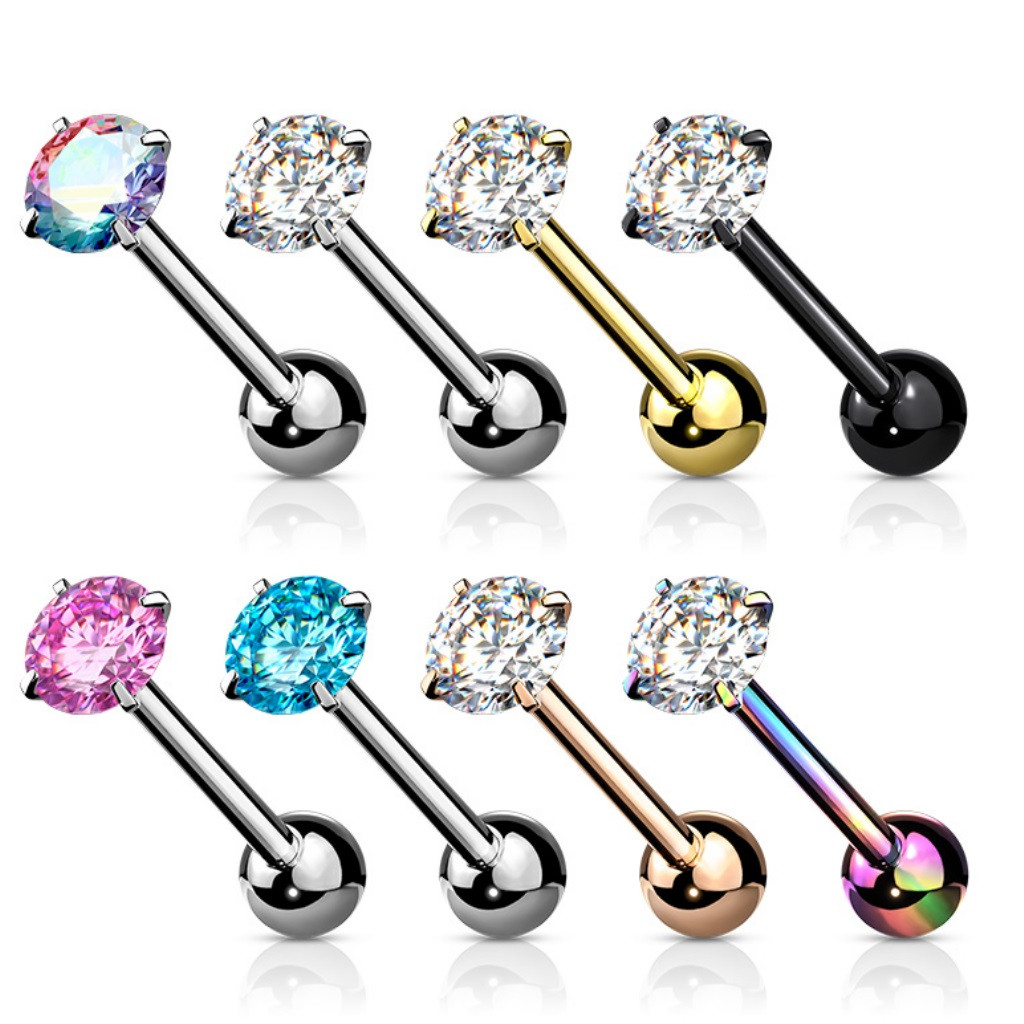 Prong Set Round CZ Steel Tongue Ring Barbell