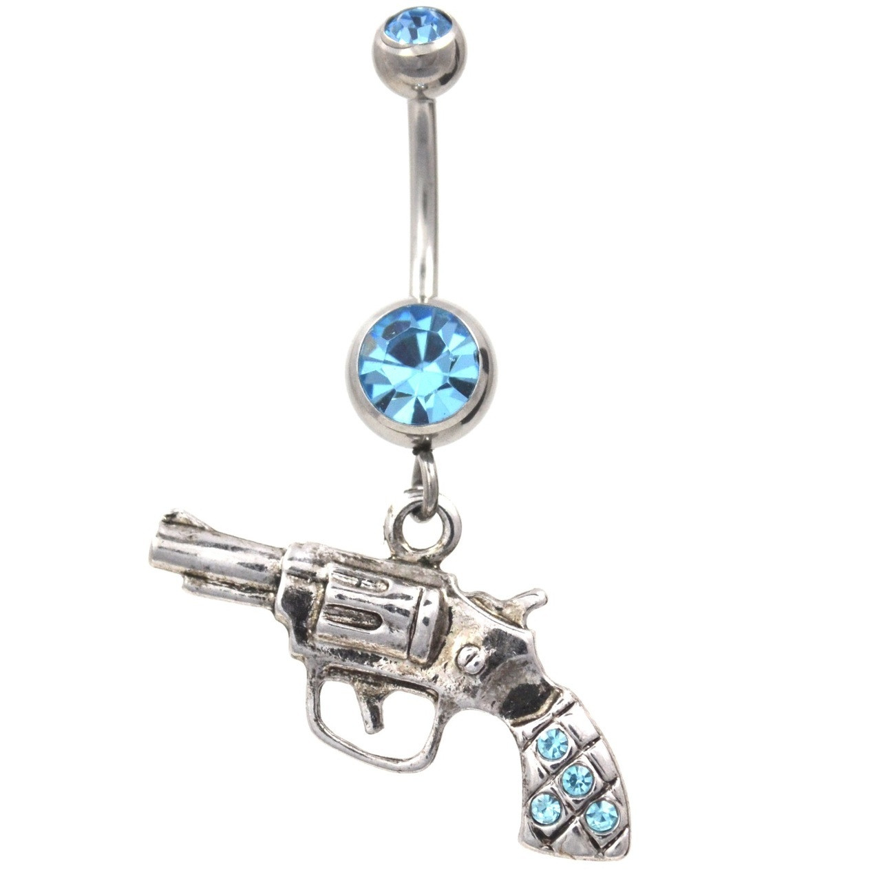 Steel Revolver Gun Dangle Belly Ring w/Aqua Gems
