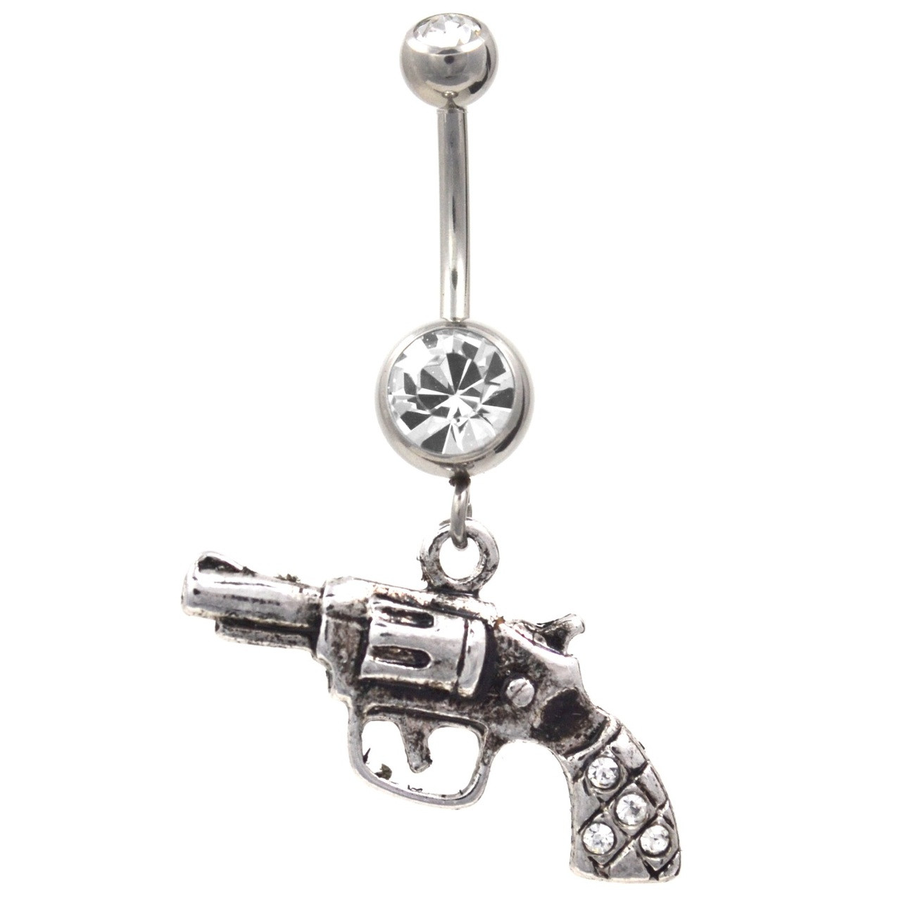 Steel Revolver Gun Dangle Belly Ring w/Clear Gems