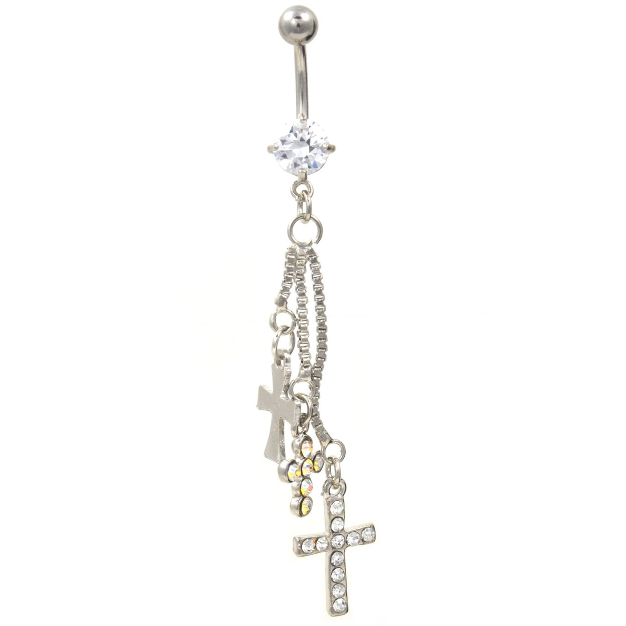 Triple Cross and Chains Dangle Belly Ring w/Gems