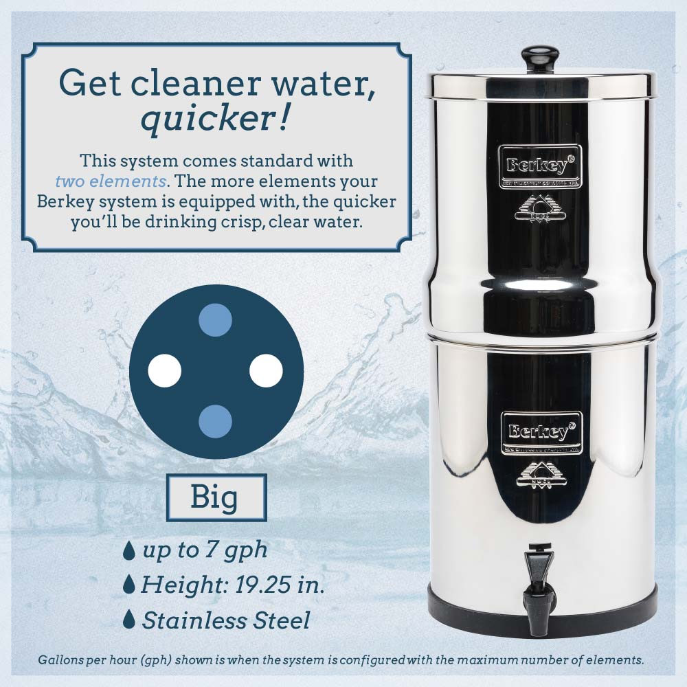 Big Berkey Gravity-Fed Stainless Steel Countertop Water Filter System 2.25  Gallon with 2 Authentic Black Berkey Elements BB9-2 Filters - Kitchen  Countertop Water Filters 