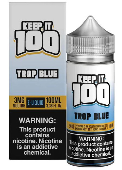 Trop Blue 100ml E-Liquid by Keep it 100 is an ice-cold, convenience store blue raspberry and strawberry drink blended with a medley of tropical fruits.