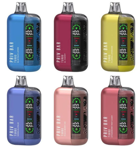 One of the standout features of the SMOK Priv Bar Turbo is its impressive 16mL e-liquid capacity, pre-filled with 5% (50mg) salt nicotine in a wide range of flavors to suit every palate. Say goodbye to frequent refills from pod systems and hello to long-lasting satisfaction, as this device delivers up to 15,000 puffs of smooth, flavorful vapor. The inclusion of meshed coils ensures optimal flavor production and a consistent vaping experience, while anti-leak technology provides peace of mind, keeping your vape free from messy leaks and spills. Plus, with the convenient display screen, you can easily monitor your battery life and e-liquid levels at a glance, so you’re always in control.
SMOK Priv Bar Turbo Disposable Vape Features:
Approx. ~ 15000 Puffs
Pre-Filled 16mL Tank
Screen Display Window
Battery Light Indicator
E-Liquid Light Indicator
Meshed Coils
Light Weight & Portable
Disposable Design – Draw Activated
USB Type-C (Cable not Included)
Zero Maintenance Required
Rechargeable 800mAh Built-In Battery
Hand-Held Palm Design
50mg / 5% Salt Nicotine
Anti Leak Technology
Powered By Smok