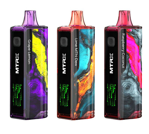Elevate your vape experience with the MTRX Disposable, offering two modes for diverse preferences. Regular Mode delivers 12,000 puffs, while Boost Mode intensifies with 6,000 puffs. The HD screen displays crucial info, and the device features a rechargeable battery and adjustable airflow.

15mL Pre-Filled E-Liquid 5% (50mg) Nicotine Strength 650mAh Type-C Rechargeable Battery Two Vaping Modes Regular Mode - 12,000 Puffs Boost Mode - 6,000 Puffs HD Animation Display Screen Battery & E-Liquid Indicators Adjustable Airflow