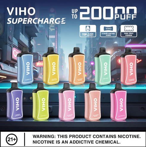 Discover the VIHO Supercharge 20000 Disposable, offering a 21ml prefilled capacity, battery and eliquid monitoring, and Pioneer dual mesh coil to produce delicious vapor. With an impressive prefilled capacity of 21ml, the VIHO Supercharge is perfect for extended vaping, reducing the need to buy a new disposable vape. With active eliquid and battery life monitoring, the Supercharge Disposable deploys a digital screen with readout, relaying critical vaping information to the user. In addition, the VIHO Supercharge 20K vape utilizes the Pioneer Dual Mesh Coils to provide exceptional vapor and an unparallelled vaping experience.

VIHO SUPERCHARGE 20000 DISPOSABLE FEATURES:
• PREFILLED CAPACITY: 21mL
• BATTERY CAPACITY: Integrated Rechargeable
• MAX PUFFS: 20000
• NICOTINE STRENGTH: 5% (50mg)
• OPERATION: Draw-Activated
• HEATING ELEMENT: Mesh Coil
• AIRFLOW: Fixed
• DISPLAY SCREEN: Digital
• CHARGING: USB Type-C
• Battery Life Indicator
• E-Liquid Level Indicator

INCLUDES:
• 1 VIHO Supercharge 20000 Disposable

AVAILABLE OPTIONS:
• Blueberry Ice
• Blueberry Raspberry Ice
• Cool Mint
• Pineapple Apple Pear
• Raspberry Orange
• Sour Apple Ice
• Strawberry Banana
• Strawberry Mango
• Strawberry Shortcake
• Watermelon Ice

