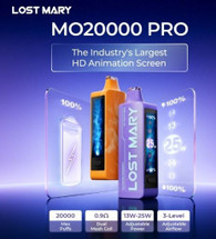Check out the Lost Mary MO20K Pro Disposable, featuring 18mL prefilled nic salts, dual 0.9ohm mesh coils, mega HD animation screen, and can deliver up to 20000 puffs. Equipped with a mega HD animated screen, the Lost Mary blends aesthetics, performance, and functionality, 

LOST MARY MO20000 PRO DISPOSABLE FEATURES:
• PREFILLED CAPACITY: 18mL Prefilled Capacity
• BATTERY CAPACITY: Integrated 800mAh Rechargeable
• MAX PUFFS: 20,000
• NICOTINE STRENGTH: 5% (50mg)
• OPERATION: Draw-Activated
• HEATING ELEMENT: 0.9ohm Dual Mesh Coils
• AIRFLOW: Adjustable
• DISPLAY SCREEN: HD Animation Screen
• CHARGING: USB Type-C
• Battery Life Indicator
• E-Liquid Level Indicator

INCLUDES:
• 1 Lost Mary MO20K Pro Disposable

AVAILABLE OPTIONS:
• Blue Baja Splash
• Blue Razz Ice
• Dragon Drink
• Lime Grapefruit
• Mango Twist
• Miami Mint
• Peach+
• Pineapple Ice
• Rainbow Sherbet
• Rocket Popsicle
• Sour Apple Ice
• Strawberry Ice
• Tropical Punch
• Watermelon Ice
• Watermelon Sour Peach

CALIFORNIA PROPOSITION 65 - Warning: This product contains nicotine, a chemical known to the state of California to cause birth defects or other reproductive harm.

