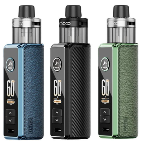 Shop the VOOPOO DRAG S3 60W Pod Mod Kit, featuring an integrated 3000mAh battery, 5-60W output range, and compatibility with PnP-X Coils and Pods. Cloaked in a blend of zinc-alloy and leather, the Drag S3 delivers a luxurious pod mod kit, ideal for both chasing clouds, or focusing on flavor.

VOOPOO DRAG S3 60W POD MOD KIT FEATURES:
• DIMENSIONS: 124.25mm by 33mm by 28mm
• BATTERY CAPACITY: Integrated 3000mAh Battery
• WATTAGE RANGE: 5-60W
• VOLTAGE RANGE: 3.2-4.35V
• RESISTANCE RANGE: 0.1-3.0ohm
• CHASSIS MATERIAL: Zinc-Alloy + Leather
• DISPLAY SCREEN: 0.96" TFT Screen
• OPERATION: Draw-Activated
• OUTPUT: Adjustable Wattage
• CHARGING: USB-C Port
• POD CONNECTION: Magnetic
• POD CAPACITY: 5mL
• POD MATERIAL: PCTG
• POD SUPPORT: PnP-X Pods (DTL or MTL)
• FILL SYSTEM: Side Fill
• COIL SUPPORT: PnP-X Coils
• COIL INSTALLATION: Press Fit
• AIRFLOW: Top Airflow

INCLUDES:
• 1 VOOPOO Drag S3 80W Pod Mod Kit
• 1 PnP-X Pods DTL
• 1 0.6ohm PnP-X Coils
• 1 0.8ohm PnP-X Coils
• 1 510 Drip Tip
• 1 PnP-X Platform Card
• 1 Type-C Cable
• 1 User Manual
•  User Manual

AVAILABLE OPTIONS:
• Blue
• Brown
• Gray Metal
• Green
• Pink
• Spray Black
• White