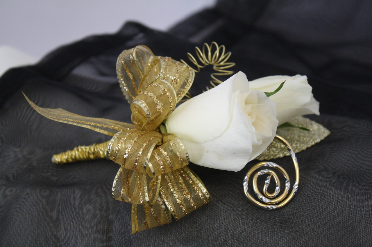 Prom Boutonniere for Guys Gol Trim with White Roses