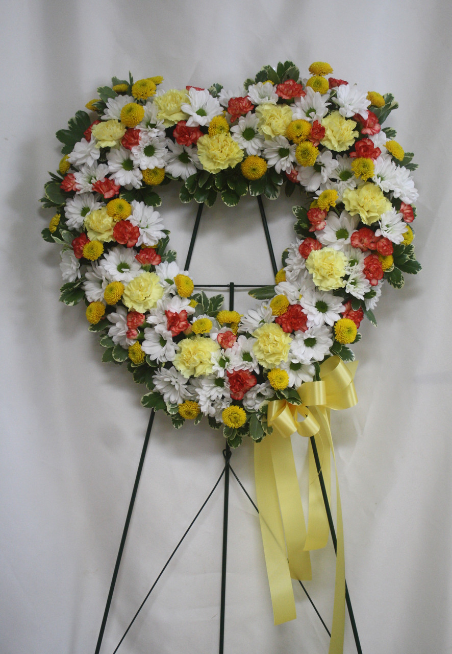 Heart Shaped Funeral Flowers | Orange Yellow White