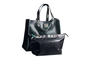 Perforated recycled dot leather & layflat handbag