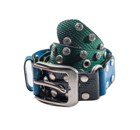 ﻿Upcycled women’s belt, Heavy-duty metal buckle, studs, eyelets and rhinestones convert this upcycled layflat material into a cutting-edge belt with an eco-friendly stance! Upcycled Mixed Color Lay-flat material with rhinestones, studs and Nickel hardware!