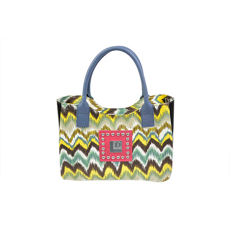 Showoff your inner "wild child" with this Eco-Trendy Canvas shoulder handbag.

Our "Wild" printed fabric bag is accented with a splash of pink featuring silver studs and our metallic logo.

This zipper enclosed handbag and zippered inside pocket makes it perfect for on the go.

Accented with upcyled black layflat material and colorful blue leather handles, this bag will show off your inner wild child with flair!

13X15X4.5