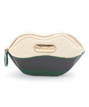 Green Lip Cosmetic Bag
Product Description:
A lip shape brings cheeky flair to this cosmetic bag, secured with a zip closure.
•	8'' W x 4.5'' H x 2.5'' D
•	Zip closure
•	Outer: reclaimed upcycled layflat irrigation hoses
•	Lining: nylon
•	Waterproof