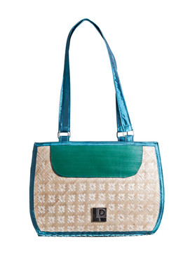 Blue and Green  Bamboo Bag with Fabric Handle